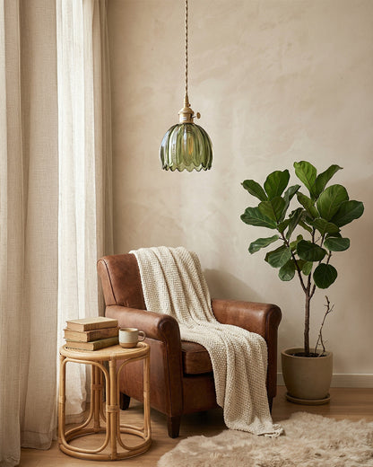 MAREN Hanglamp – Japanse Bloemvormige Glazen Lamp met Zacht Diffuus Licht – Verkrijgbaar in Groen, Transparant, Amber en Rookgrijs – Ø12cm x H18cm