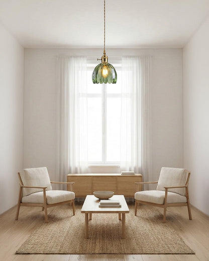 MAREN Hanglamp – Japanse Bloemvormige Glazen Lamp met Zacht Diffuus Licht – Verkrijgbaar in Groen, Transparant, Amber en Rookgrijs – Ø12cm x H18cm