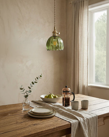 MAREN Hanglamp – Japanse Bloemvormige Glazen Lamp met Zacht Diffuus Licht – Verkrijgbaar in Groen, Transparant, Amber en Rookgrijs – Ø12cm x H18cm