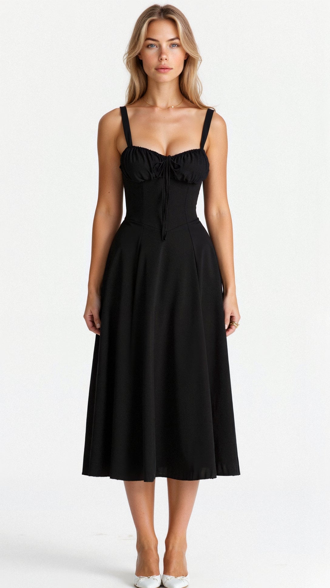 Margaretha | Zwarte Midi Jurk Dames met Korsetdetail 2