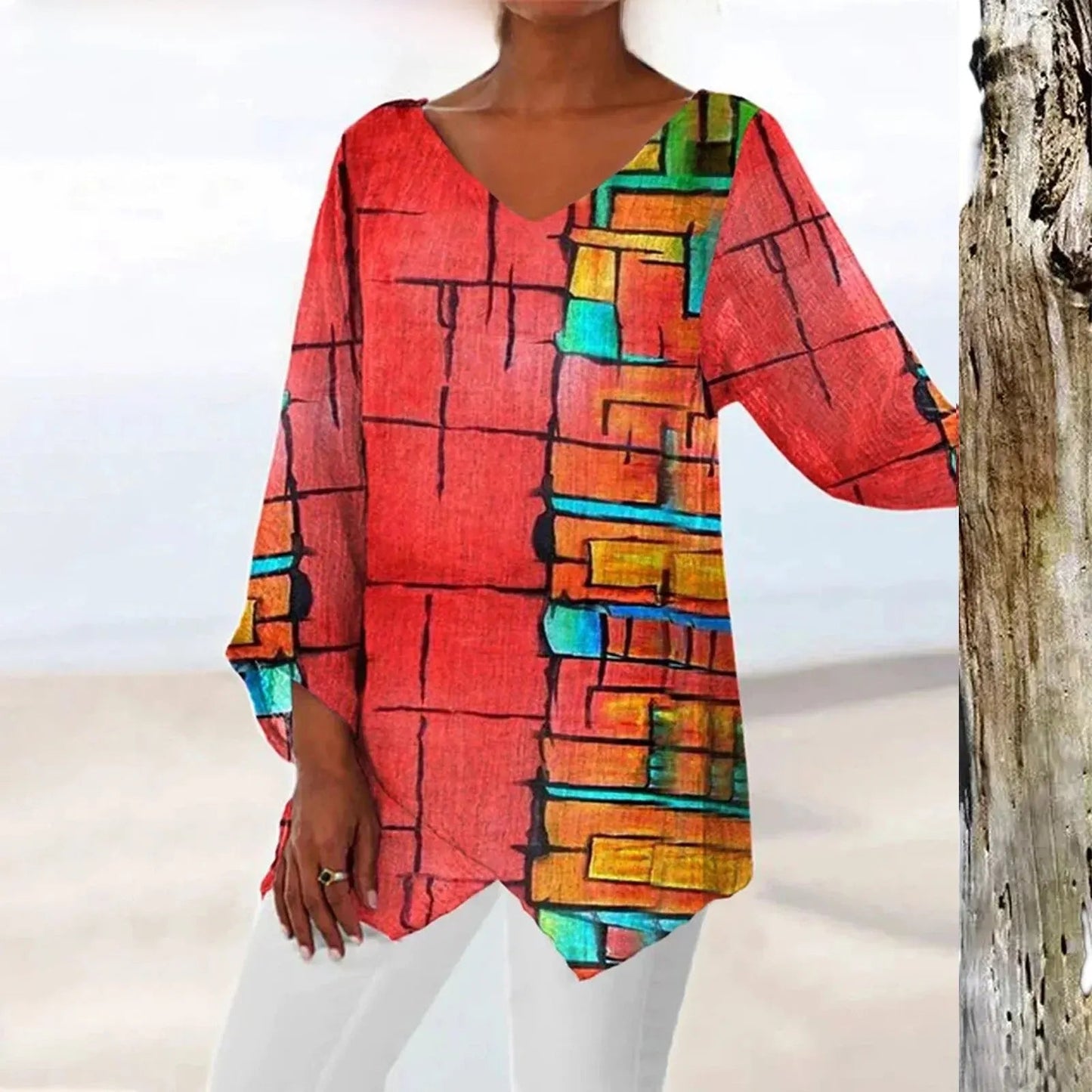 Vintage Jurk met V-hals en Lange Mouwen