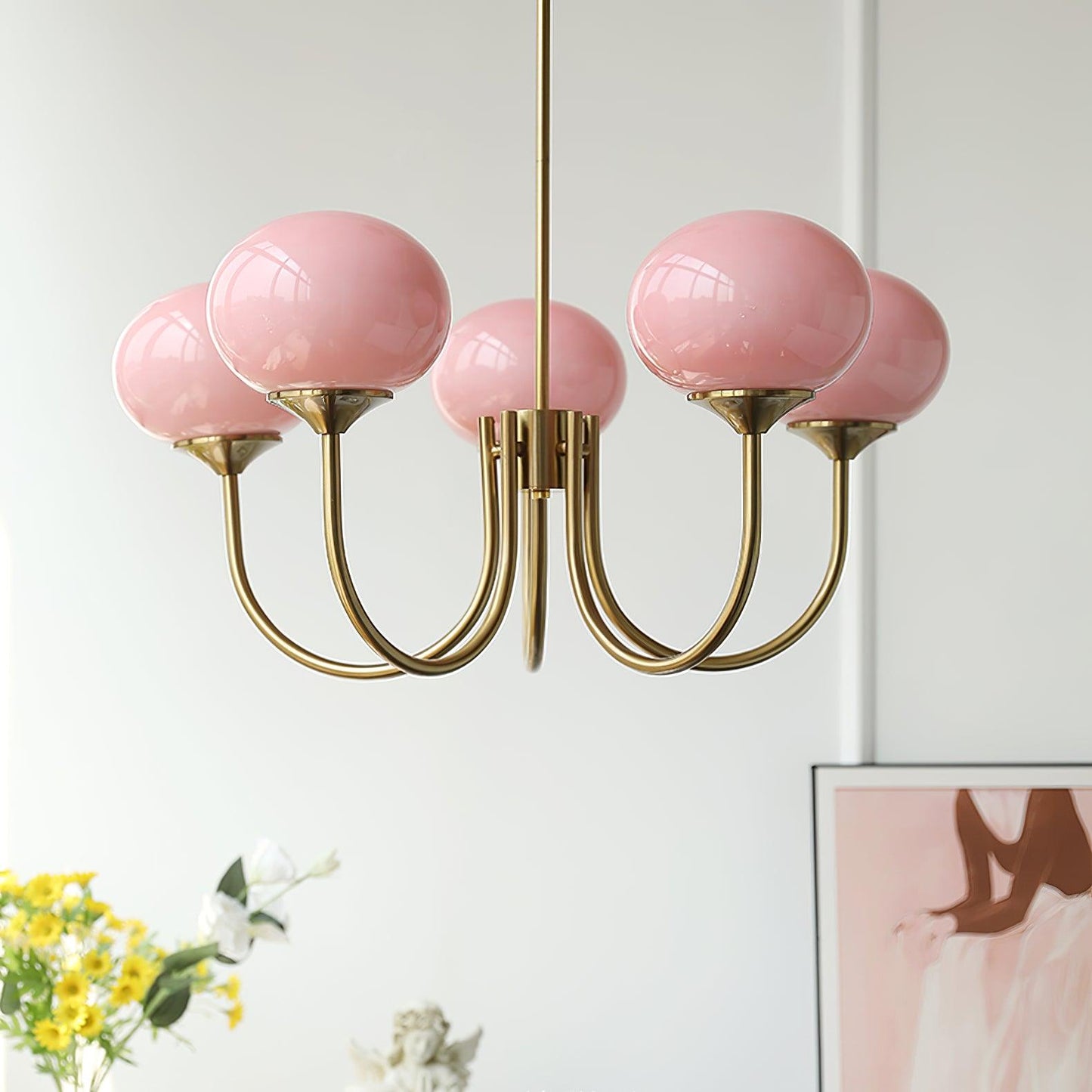 Glazen Kroonluchter Met Roze Witte Of Creme Bollen En Gouden Of Chromen Frame Moderne Design Kroonluchter Met 3 Of 5 Lichtpunten Voor Woonkamer En Eetkamer