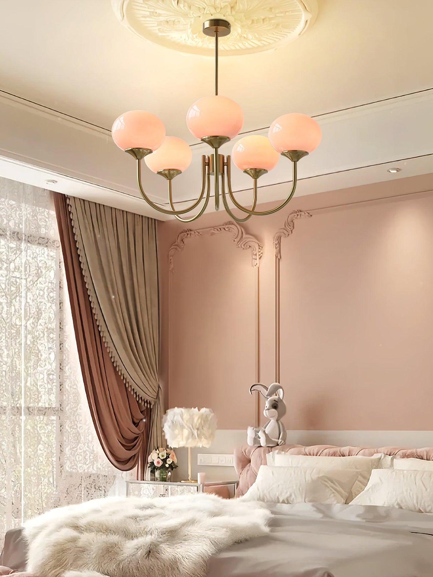 Glazen Kroonluchter Met Roze Witte Of Creme Bollen En Gouden Of Chromen Frame Moderne Design Kroonluchter Met 3 Of 5 Lichtpunten Voor Woonkamer En Eetkamer