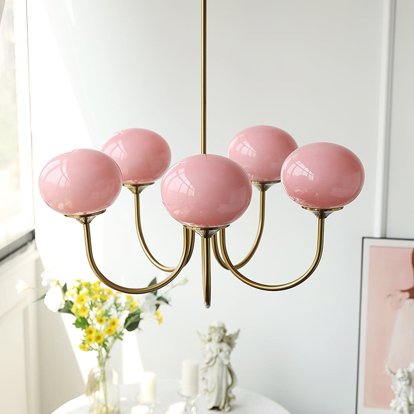 Glazen Kroonluchter Met Roze Witte Of Creme Bollen En Gouden Of Chromen Frame Moderne Design Kroonluchter Met 3 Of 5 Lichtpunten Voor Woonkamer En Eetkamer