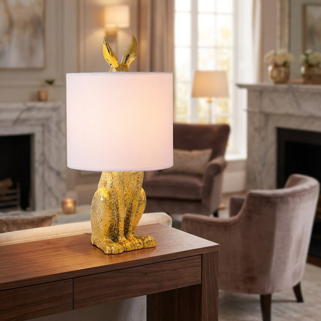 Tafellamp Konijn Goud Resin Linnen Kap E27 50cm Woonkamer Slaapkamer Decoratieve Nachtkastlamp Dierenlamp Sfeerverlichting