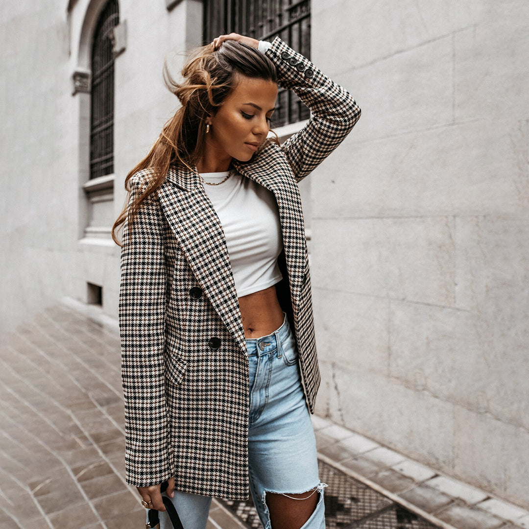 Klassieke Blazer Geruit Dubbel Geknoopt Stijlvol Design