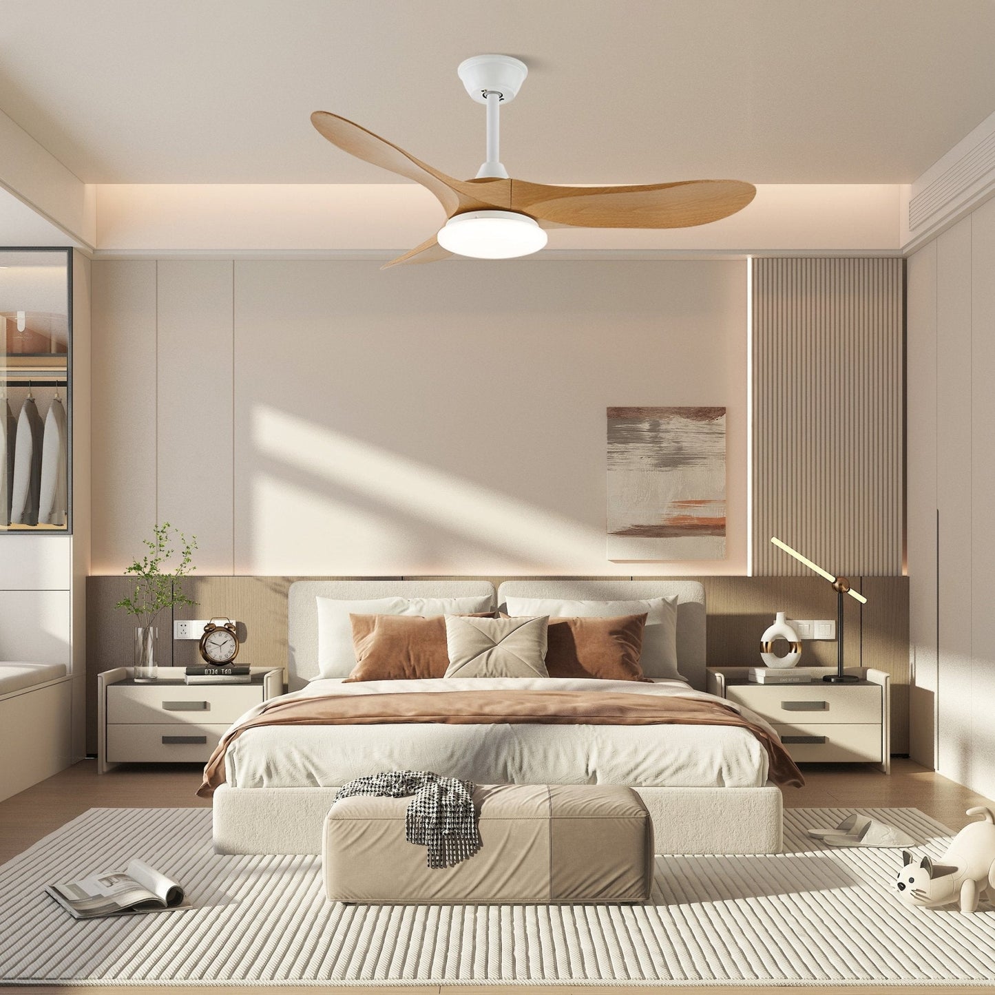 Scandinavische Plafondventilator met Verlichting | Moderne Ventilator met LED | Afstandsbediening & 6 Snelheden | Zwart Wit Houtnerf | Voor Slaapkamer Woonkamer | 106/132 cm