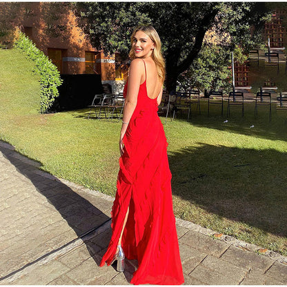 Lange Zomerjurk Vrouw Maxi Ruffles Split Jurk Zomer