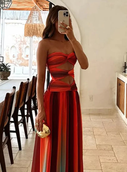Zomerjurk Rood Oranje Bandeau-Model met Cut-Outs