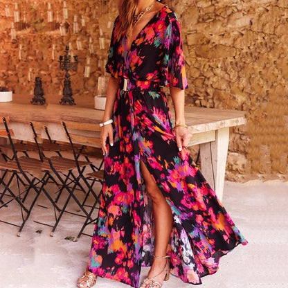 Zomerse Maxi Jurk met Overslag en Hoge Split