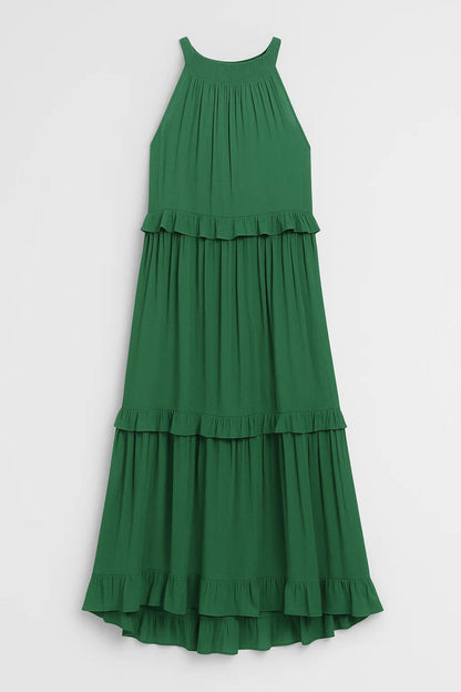Zomer Maxi Jurk Dames Halternek Ruches Zwart/Wit