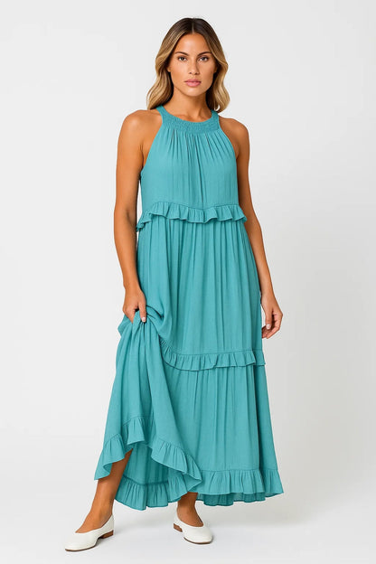 Zomer Maxi Jurk Dames Halternek Ruches Zwart/Wit