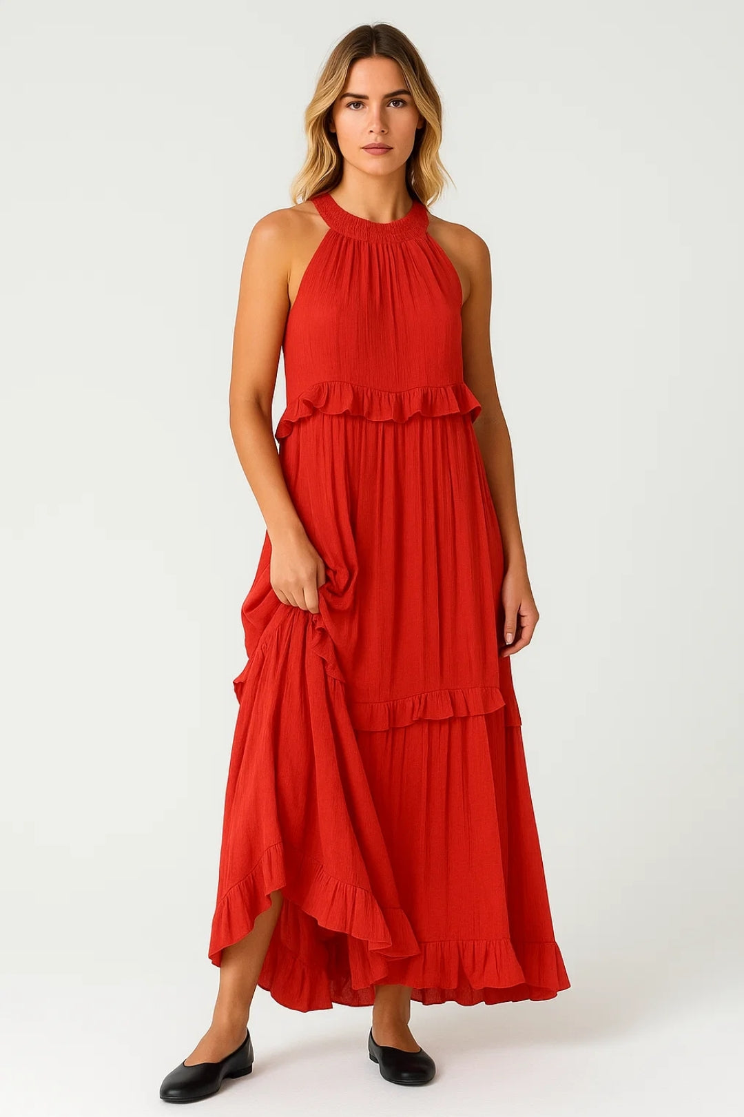 Zomer Maxi Jurk Dames Halternek Ruches Zwart/Wit
