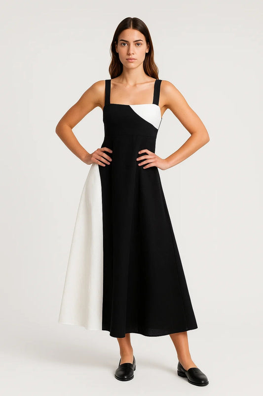 Dames Maxi Jurk met Smalle Bandjes en Kleur Blok Design - StudioMarella