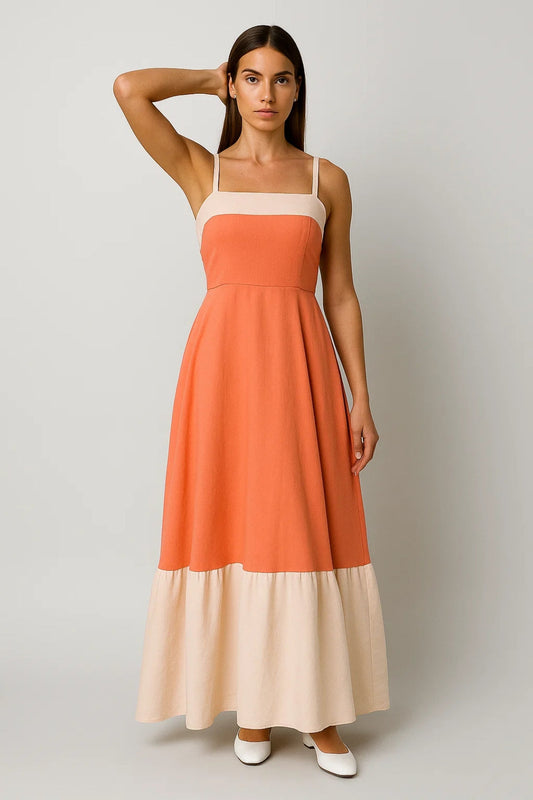 Zomer Maxi Jurk Dames met Smalle Bandjes Colour Block - StudioMarella
