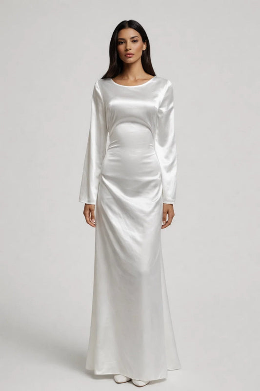 Dames Maxi Jurk Lange Mouwen Glanzend Ronde Hals Trendy - StudioMarella