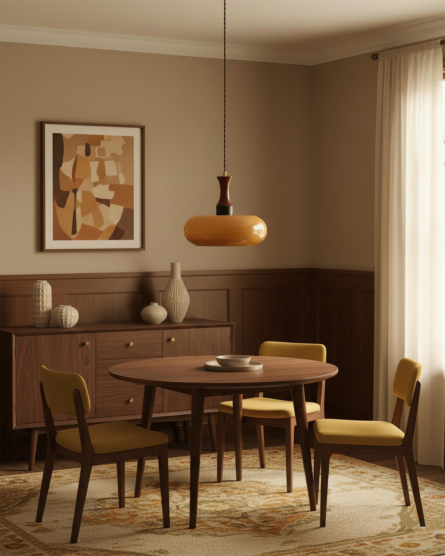 Amber glazen hanglamp – warme sfeerverlichting voor woonkamer en eetkamer