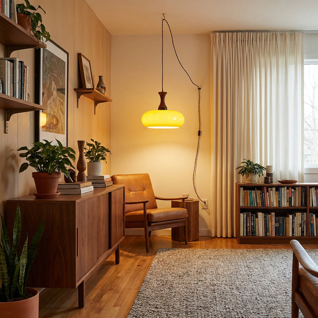 Amber glazen hanglamp – warme sfeerverlichting voor woonkamer en eetkamer