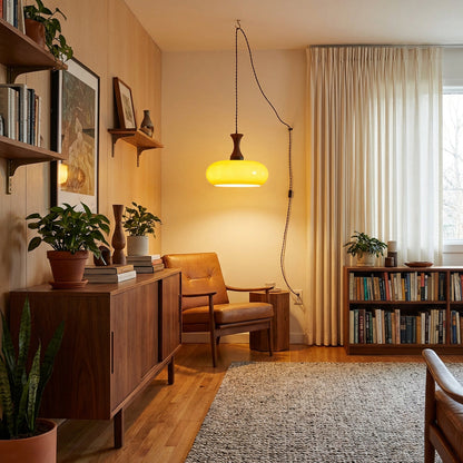 Amber glazen hanglamp – warme sfeerverlichting voor woonkamer en eetkamer