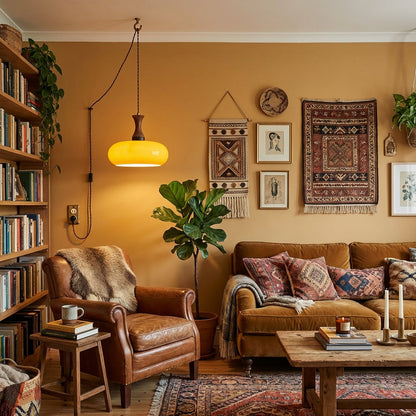 Amber glazen hanglamp – warme sfeerverlichting voor woonkamer en eetkamer