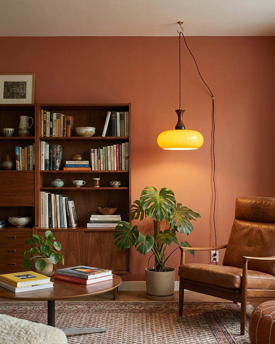 Amber glazen hanglamp – warme sfeerverlichting voor woonkamer en eetkamer