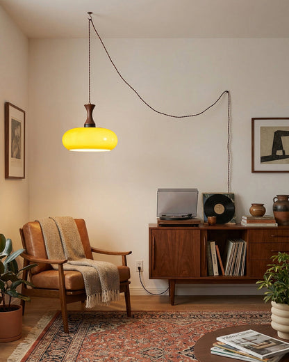 Amber glazen hanglamp – warme sfeerverlichting voor woonkamer en eetkamer