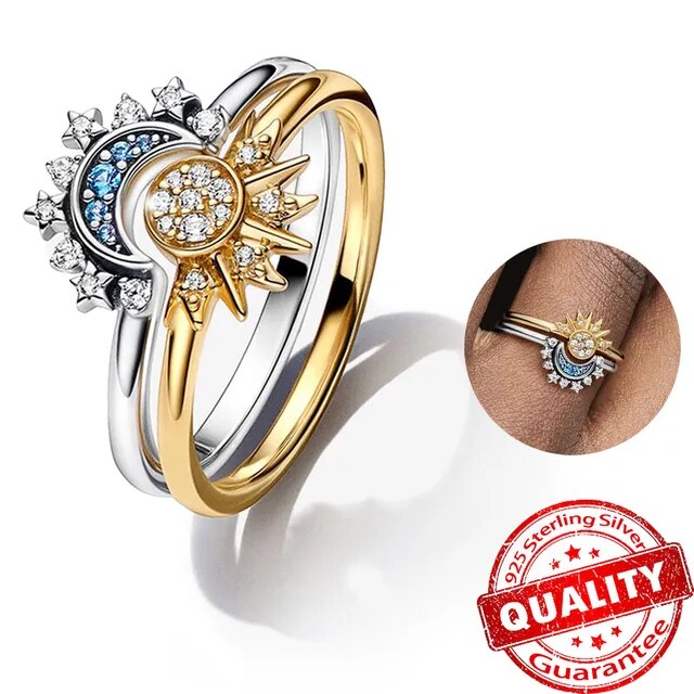Zon en Maan Ring Set 925 Sterling Zilver met Kristal Verstelbare Ringen Goud en Zilver