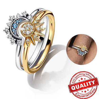 Zon en Maan Ring Set 925 Sterling Zilver met Kristal Verstelbare Ringen Goud en Zilver