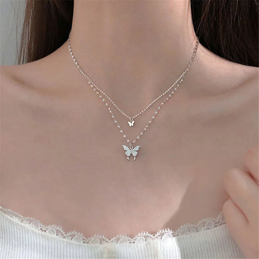 Gelaagde Sieraden Set Zilver met Vlinder Hanger Kristal voor Dagelijks Dragen