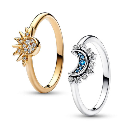 Zon en Maan Ring Set 925 Sterling Zilver met Kristal Verstelbare Ringen Goud en Zilver
