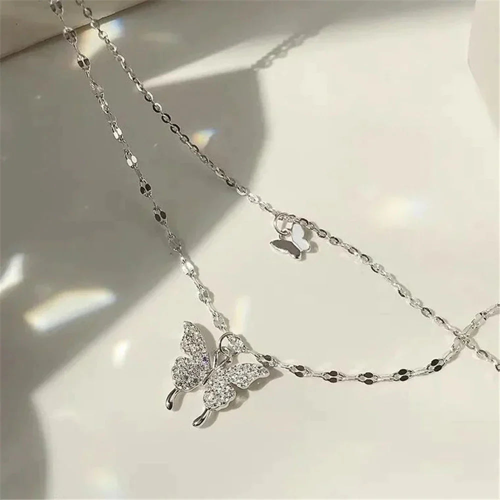 Gelaagde Sieraden Set Zilver met Vlinder Hanger Kristal voor Dagelijks Dragen