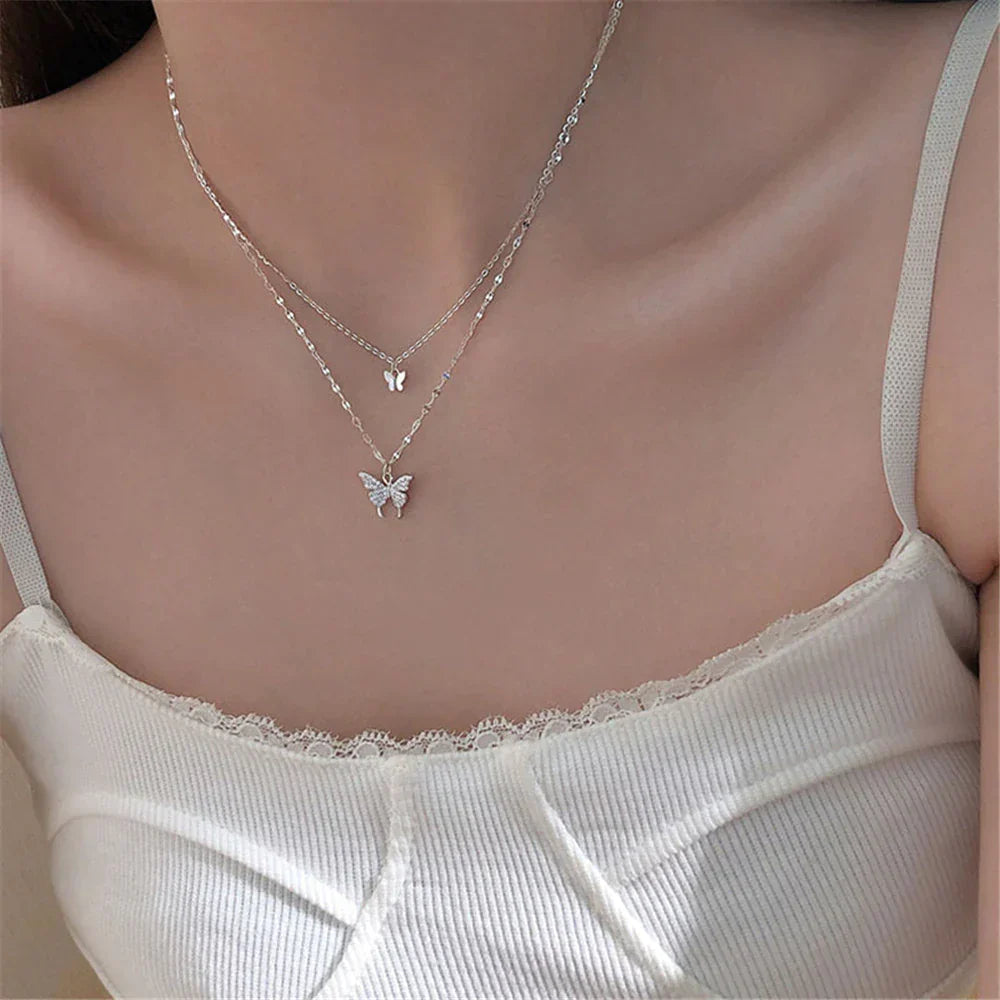 Gelaagde Sieraden Set Zilver met Vlinder Hanger Kristal voor Dagelijks Dragen