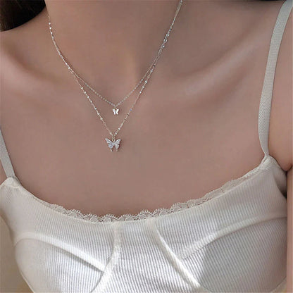 Gelaagde Sieraden Set Zilver met Vlinder Hanger Kristal voor Dagelijks Dragen