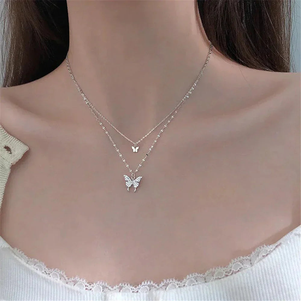 Gelaagde Sieraden Set Zilver met Vlinder Hanger Kristal voor Dagelijks Dragen