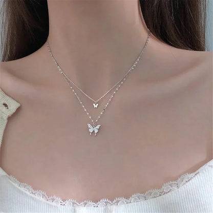 Gelaagde Sieraden Set Zilver met Vlinder Hanger Kristal voor Dagelijks Dragen