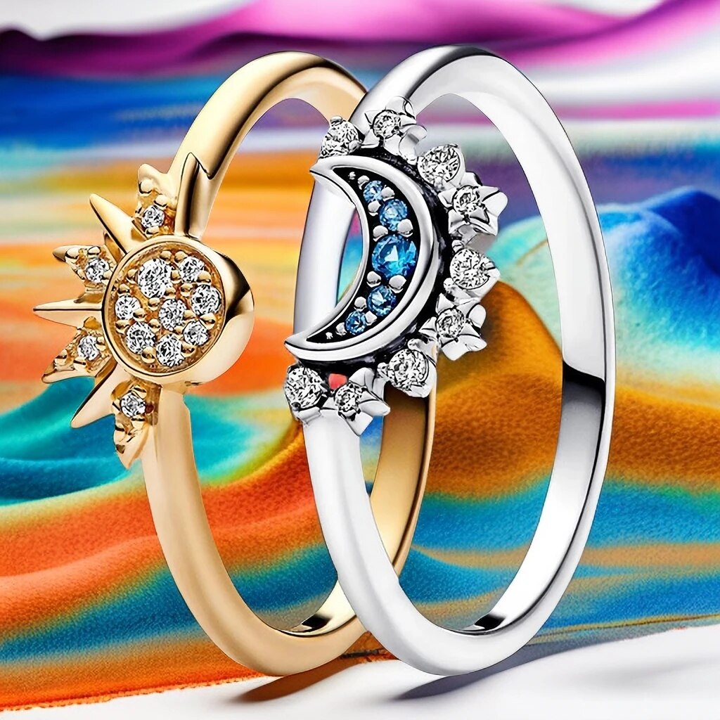 Zon en Maan Ring Set 925 Sterling Zilver met Kristal Verstelbare Ringen Goud en Zilver