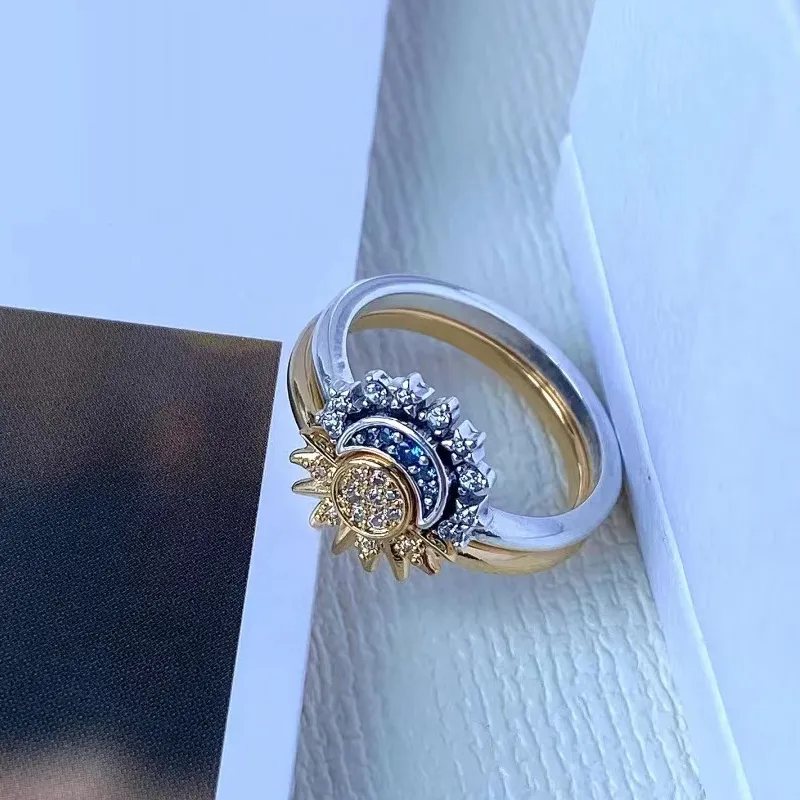 Zon en Maan Ring Set 925 Sterling Zilver met Kristal Verstelbare Ringen Goud en Zilver