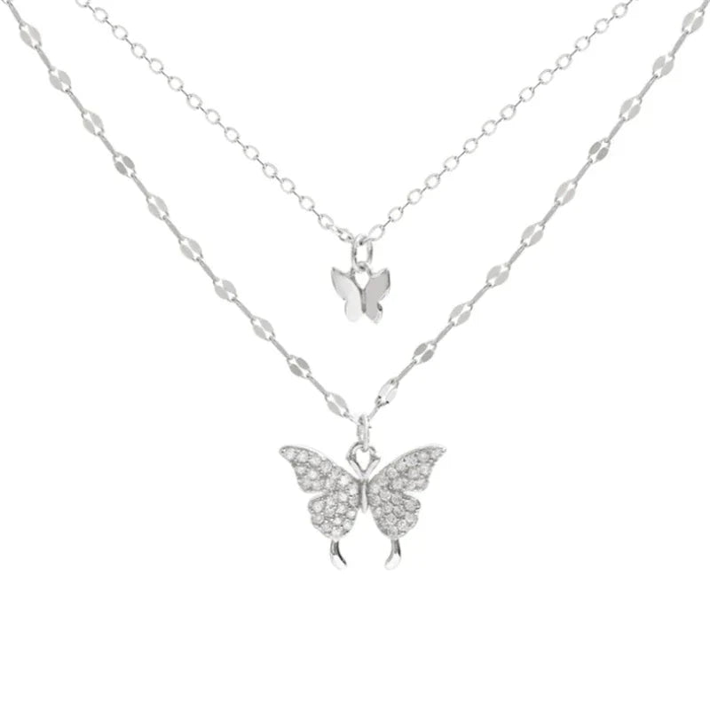 Gelaagde Sieraden Set Zilver met Vlinder Hanger Kristal voor Dagelijks Dragen