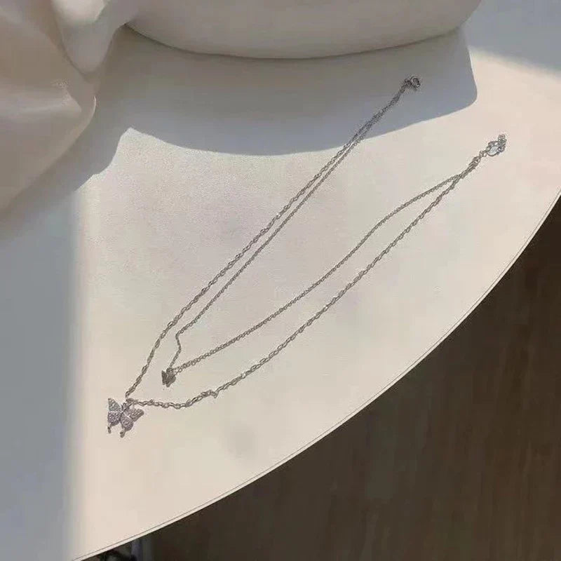 Gelaagde Sieraden Set Zilver met Vlinder Hanger Kristal voor Dagelijks Dragen