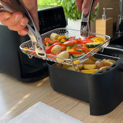 Stapelbare Mandjes voor Heteluchtfriteuses – RVS 304 – Inclusief 2 Hittebestendige Tangen – Rond, Rechthoekig of Vierkant