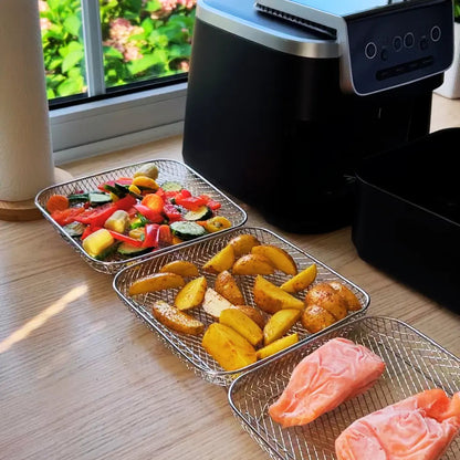 Stapelbare Mandjes voor Heteluchtfriteuses – RVS 304 – Inclusief 2 Hittebestendige Tangen – Rond, Rechthoekig of Vierkant