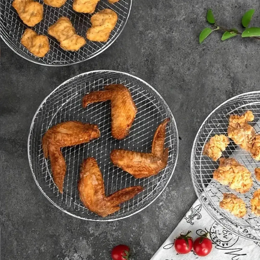 Stapelbare Mandjes voor Heteluchtfriteuses – RVS 304 – Inclusief 2 Hittebestendige Tangen – Rond, Rechthoekig of Vierkant