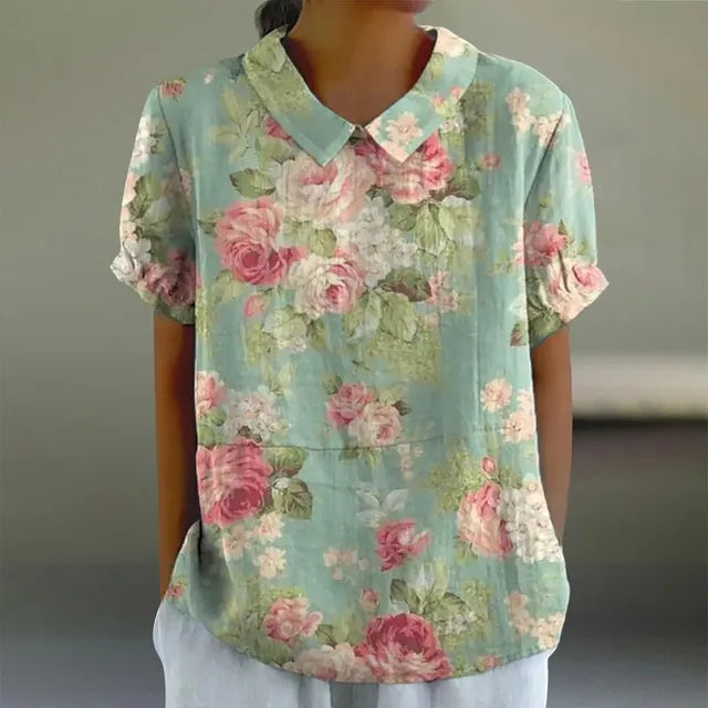 Vrouwelijke Zomerblouse Katoen Bloemenprint Elegante Stijl