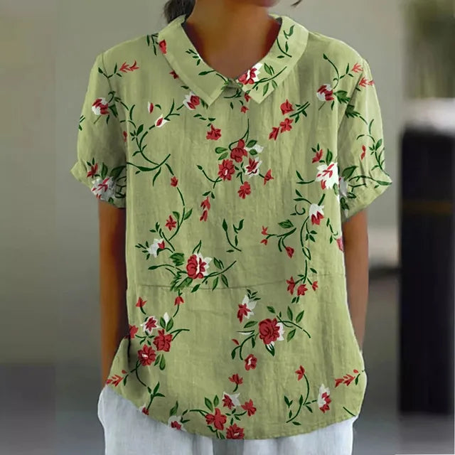 Vrouwelijke Zomerblouse Katoen Bloemenprint Elegante Stijl