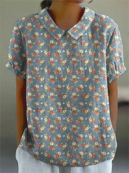 Vrouwelijke Zomerblouse Katoen Bloemenprint Elegante Stijl