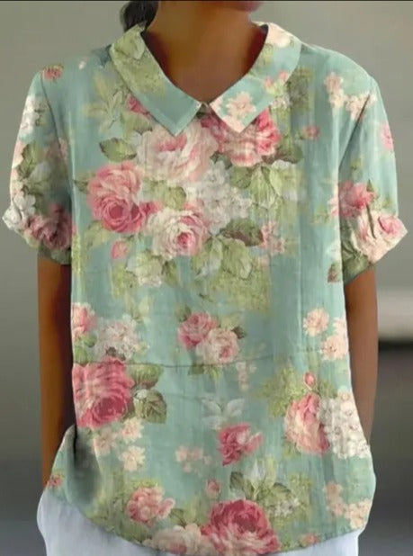 Vrouwelijke Zomerblouse Katoen Bloemenprint Elegante Stijl