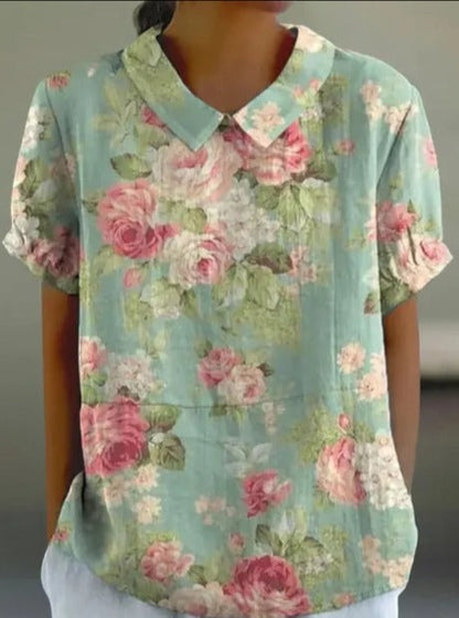 Vrouwelijke Zomerblouse Katoen Bloemenprint Elegante Stijl