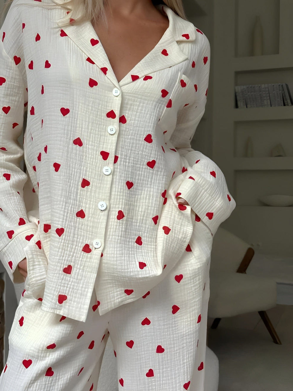 Dames Pyjama Set Tweedelig Hartjes Print Zacht en Stijlvol - StudioMarella