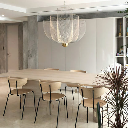 Geometrische Metalen Kroonluchter met Geïntegreerde LED en Messing Accenten – Drie Gelaagde Designlamp