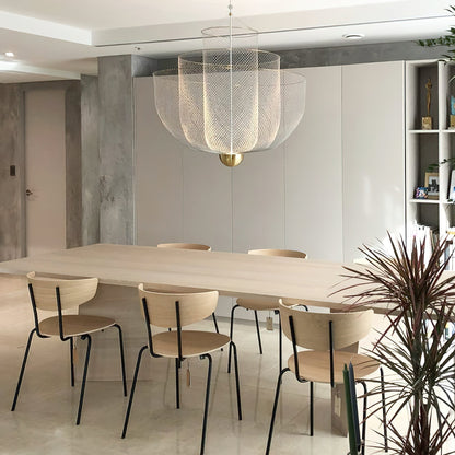 Geometrische Metalen Kroonluchter met Geïntegreerde LED en Messing Accenten – Drie Gelaagde Designlamp